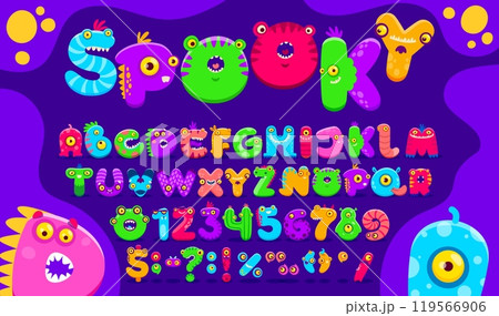 Cartoon monster font, funny scarecrow type, bugaboo typeface, bogle alphabet vector typography. Cute letters and numbers font with Halloween alien, fantasy dragon animal and germ monster characters 119566906