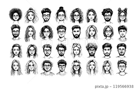 Human faces portraits black Ink sketch vector set. Young man woman glasses curly hairstyles heads avatars boys girls hipster hand drawn characters, outline monochrome isolated illustrations 119566938