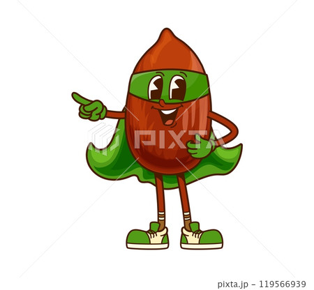 Groovy superhero peanut nut character, complete with a green cape, mask, gloves and shoes. Cartoon vector nutritional food personage is smiling and pointing confidently, embodying strength and fun 119566939