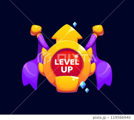 Level up game reward, rate icon. Cartoon vector gui interface emblem with golden arrow, purple flags and small blue crystals around it, symbolizing a powerful achievement or progress in video game 119566940
