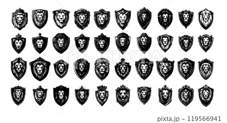 Heraldic shield lions emblems black ink sketch vector set. Mane cat head animal king hunter predator avatars reign majesty signs badges grayscale icons isolated on white background 119566941