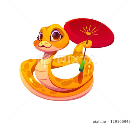 Cute cartoon snake character holding a red parasol. 2025 Chinese lunar year symbol. Reptile animal snake with yellow and orange scales, large expressive eyes and gentle smile lying in elegant pose 119566942