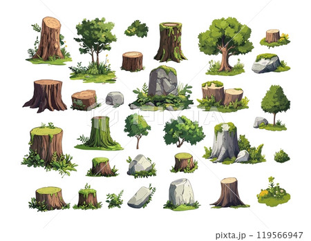 Green moss stumps logs cartoon vector set. Lichens creeping timber tree wooden trunks stone rocks boulders, overgrown jungle wet forest natural tropical bush woodland ivy dense plants illustrations 119566947