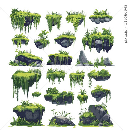 Green lichen moss cartoon vector set. Boulder rocks stones swamp creeping plants tropical leaves wet forest botany jungle marsh flora, isolated illustrations on white background 119566948