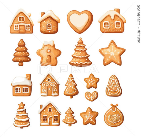 Gingerbread spiced cookies cartoon vector set. Star shaped tiny house tree heart christmas holiday treats pastry xmas sugar powdered confectionery snap ginger delicious candies isolated biscuits 119566950