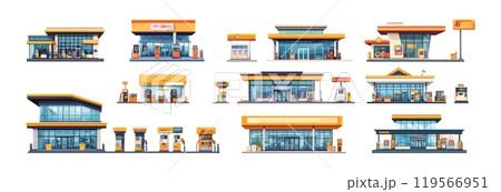Fuel petrol station cartoon vector set. Glass market facade kiosks building, gas refueling gasoline refiling service pumps terminals, urban city highway road maintenance automobile car support 119566951
