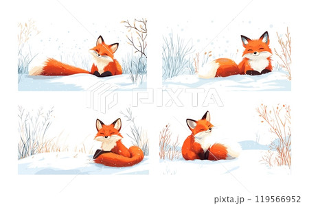 Fox in snow cartoon vector scenes. Orange sitting winter forest tail fluffy animal tricky wild tracker hunter, snowfall cold frosty landscape isolated illustration on white background 119566952