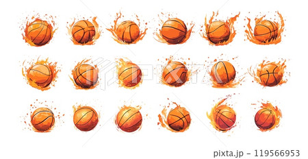 Fire trail basketball ball cartoon vector set. Fly dynamic soar burst meteor tail orange speed hot sport orb, flame fireball blazing comet burning scorching splashes tournament isolated icons 119566953
