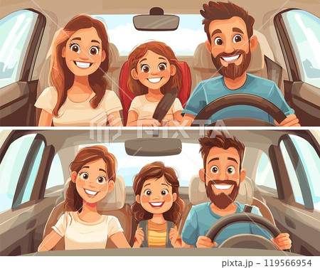 Family car journey cartoon vector scenes. Happy mother father seat belts daughter auto front glass view steering wheel riding inside vehicle trip interior group character travelers illustration 119566954