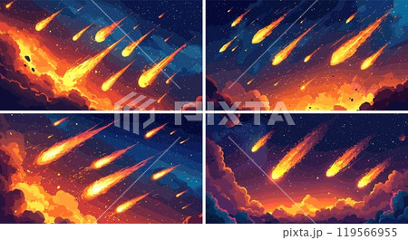 Falling meteors rain cartoon vector concepts. Flame space rocks asteroid shower burning boulders comet fireballs dropping dark cloudy atmosphere sky phenomenon illustrations 119566955