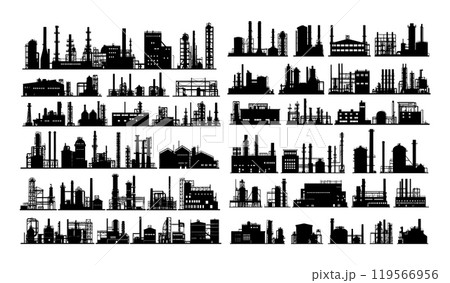 Factories buildings silhouettes black ink vector set. Pipes assembly industrial heavy facilities energy manufacturing structures construction chemical production power plants stations complexes 119566956