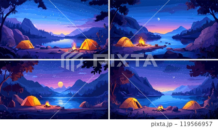 Evening camp cartoon vector concepts. Flame campfire tents stones boulders rocks river coast, tourist camping stuff lake shore, wanderer disk halt mountains night horizon moonlight landscape artworks 119566957