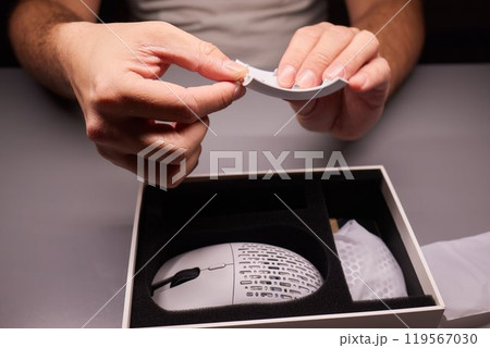 white new wireless computer mouse flat lay with led lights white new wireless computer mouse flat lay with led lights 119567030