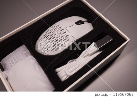 white new wireless computer mouse flat lay with led lights white new wireless computer mouse flat lay with led lights 119567068