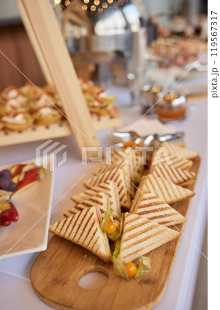 light snacks for the holiday, catering. Various light snacks. Catering plate. Assortment of sandwiches on the buffet table. meat, fish, vegetable canapes. 119567317