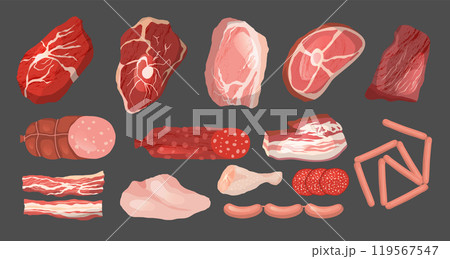 Meat products. Fresh farm butchery products top view sausages bbq pork beef bacon recent vector cartoon illustration set in flat style 119567547