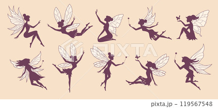 Fairy silhouettes. Fantasy female flying beauty characters with wings recent vector fairy persons in action poses 119567548