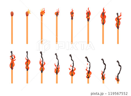 Burning match. Key frame animation of burning flame on matchstick exact vector illustrations of burnout stages Burning match. Key frame animation of burning flame on matchstick exact vector illustrations of burnout stages 119567552
