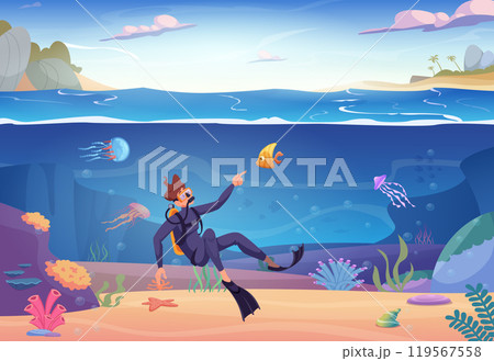 Underwater. Ocean diving extreme sport man swimming underwater in swimsuit and flippers exact vector background 119567558