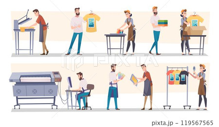 Print house. Silk screen typography processes with professional tools squeegee and mesh stencil frame exact vector cartoon template set Print house. Silk screen typography processes with professional tools squeegee and mesh stencil frame exact vector cartoon template set 119567565