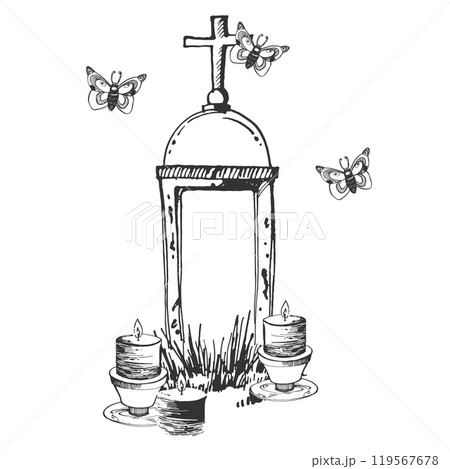 Cemetery, tombstone with a cross and burning candles below, moths flying around the cross. Halloween. All objects are hand-drawn with ink and transferred to vector. For cards, Halloween invitations. 119567678
