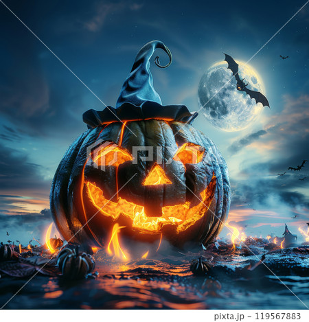 A large carved pumpkin with a cheerful face illuminates the night, casting a warm orange glow. Nearby, smaller pumpkins and bats flying against a full moon enhance the Halloween atmosphere. 119567883