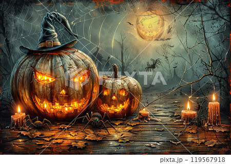 Two carved pumpkins glow with eerie expressions among fallen leaves and candles. A web-filled forest surrounds them, creating a chilling Halloween atmosphere under a full moon. Two carved pumpkins glow with eerie expressions among fallen leaves and candles. A web-filled forest surrounds them, creating a chilling Halloween atmosphere under a full moon. 119567918