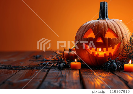 A carved pumpkin glows warmly in an orange-lit space, surrounded by candles and fake spiders. The rustic wooden table adds to the festive Halloween atmosphere. Copy space A carved pumpkin glows warmly in an orange-lit space, surrounded by candles and fake spiders. The rustic wooden table adds to the festive Halloween atmosphere. Copy space 119567919