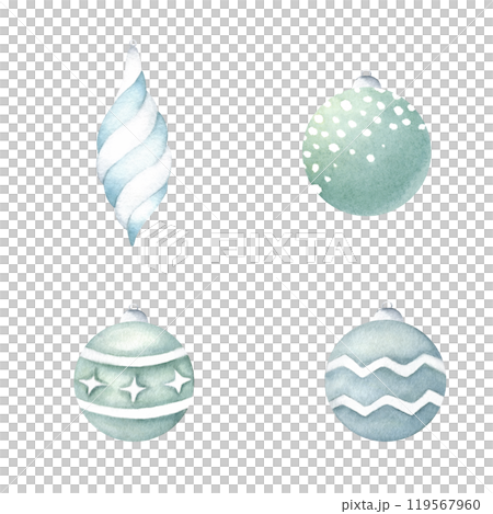 Christmas glass tree balls in green and blue colors with variety of white. Hand drawn watercolor illustration. Set of isolated elements for winter holiday season, New year greeting card and designs. Christmas glass tree balls in green and blue colors with variety of white. Hand drawn watercolor illustration. Set of isolated elements for winter holiday season, New year greeting card and designs. 119567960