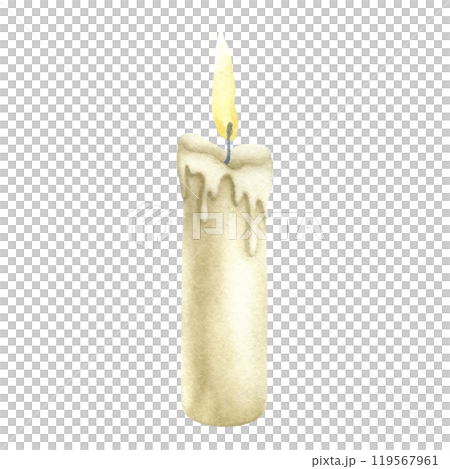 Candle with burning flame with melted paraffin drips. Hand drawn watercolor illustration isolated from background for decoration, design of souvenirs, paper, stickers, postcards, invitations, posters. 119567961