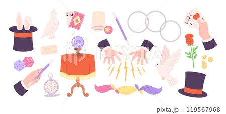 Magician elements. Illusionist show accessories, cylinder pigeons rose playing cards. Magic tricks in circus, hands of magicians racy vector clipart Magician elements. Illusionist show accessories, cylinder pigeons rose playing cards. Magic tricks in circus, hands of magicians racy vector clipart 119567968