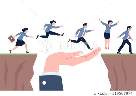 Hand of help in business. Office team jumping over hole in mountains. Support in career job concept, personnel incentive system, recent vector scene 119567974