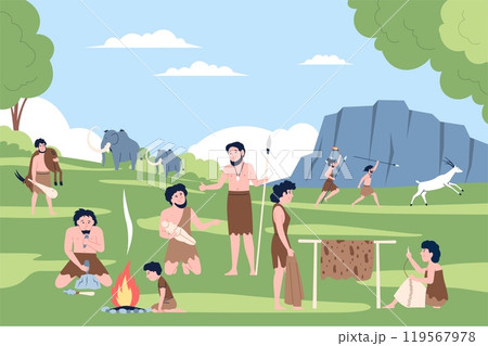 Primitive people life. Prehistoric daily lifestyle scene with hunting cooking on fire made clothes from leather. Caveman, stone age period recent vector illustration 119567978