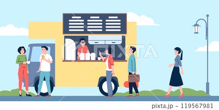 Waiting line to coffee truck. People eating and drink coffee tea hot beverages. Breakfast or lunch time, outdoor cafe on wheels, vector scene 119567981