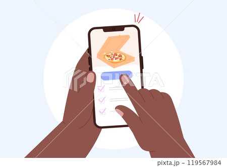 Pizza order in food delivery smartphone app. Hands holding phone and pay for meal. Smart lunch, family dinner booking. Modern lifestyle, vector concept 119567984