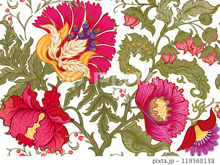 Fantasy flowers in retro, vintage, jacobean embroidery style. 119568138