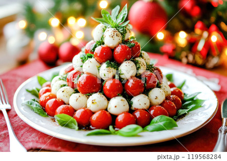 Italian caprese salad with tomatoes, mozzarella cheese and basil leaves arranged in the shape of Christmas tree 119568284