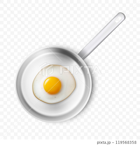 Vector 3d Realistic Fried Egg in the Steel Frying Pan, Closeup Isolated, Top View. Design Template of Scrambled Eggs, Fried Egg, Omelette. Delicious Breakfast, Food, Culinary Concept 119568358