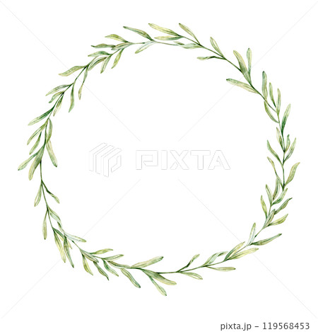 Watercolor wreath of Rosemary, Lavender or Olive leaves. Floral Clipart. Hand drawn botanical illustration of branch for wedding invitation, logo, cards, packaging and labeling 119568453