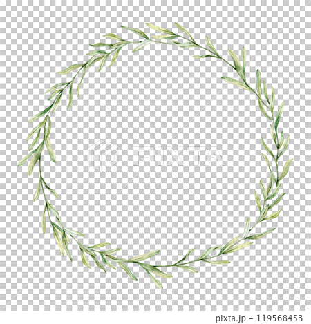 Watercolor wreath of Rosemary, Lavender or Olive leaves. Floral Clipart. Hand drawn botanical illustration of branch for wedding invitation, logo, cards, packaging and labeling 119568453