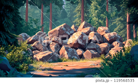 Pile of Big Rocks in Middle of Sequoia Forest in Cartoon Background Illustration Featuring Majestic Trees Natural Landscape Scenic View Lush Greenery and Wilderness Adventure 119568535