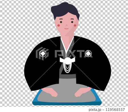 A man wearing a haori and hakama. A person wearing a kimono and sitting in seiza. Vector illustration A man wearing a haori and hakama. A person wearing a kimono and sitting in seiza. Vector illustration 119568537