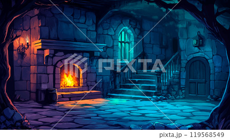 Mysterious Basement Haunted by Old Vampire Cartoon Background Illustration Featuring Spooky Scene Dark Atmosphere Creepy Details and Eerie Vibes 119568549
