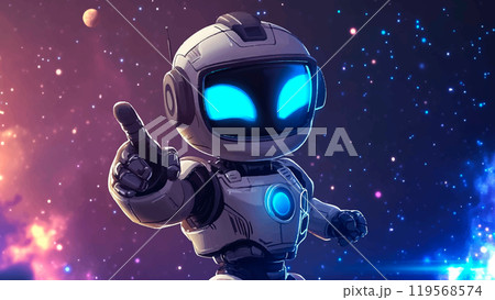 Cute Robot Pointing Finger into Space Cartoon Background Illustration Featuring Whimsical Scene Cosmic Adventure Vibrant Colors and Playful Atmosphere Cute Robot Pointing Finger into Space Cartoon Background Illustration Featuring Whimsical Scene Cosmic Adventure Vibrant Colors and Playful Atmosphere 119568574