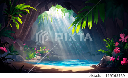 Cave Walls Covered with Beautiful Tropical Vegetation Filled with Seawater and Bright Sunlight Shining from Rift Above Cartoon Background Illustration Featuring Scene Enchanting 119568589