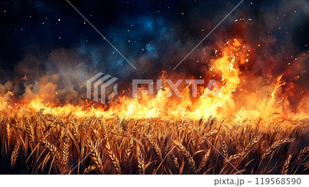 Burning Wheat Field Night Landscape Watercolor Background Illustration Featuring Dramatic Scene Fiery Flames Dark Skies Agricultural Setting and Intense Atmosphere 119568590