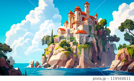 Beautiful Medieval Castle on Cliff Face Against Vast Sea Cartoon Background Illustration Featuring Majestic Architecture Dramatic Landscape and Enchanting Seascape 119568611