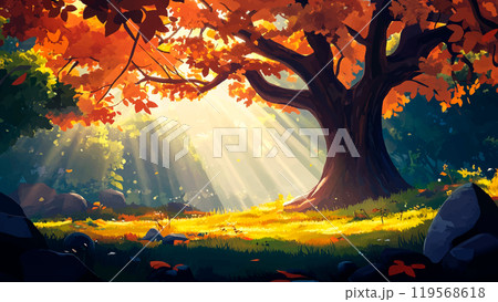 Autumn Oak Forest Bright Sunlight Streaming Through Tree Branches Cartoon Background Illustration Featuring Vibrant Fall Colors Lush Foliage Scenic Landscape Warm Atmosphere 119568618
