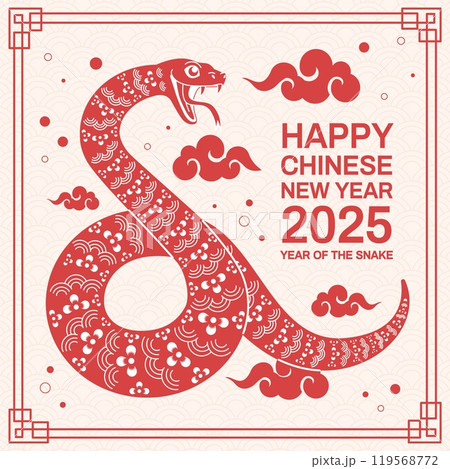Snake new year banner. Snakes chinese happy new year 2025 greeting card, lunar calendar zodiac horoscope lucky prosperity symbol china festival event, swanky vector illustration 119568772