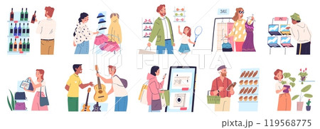 People purchase goods. Consumers choosing buy product, buyer enjoying purchase carrying shopping bag choose food or clothes, supermarket store consumers classy vector illustration People purchase goods. Consumers choosing buy product, buyer enjoying purchase carrying shopping bag choose food or clothes, supermarket store consumers classy vector illustration 119568775